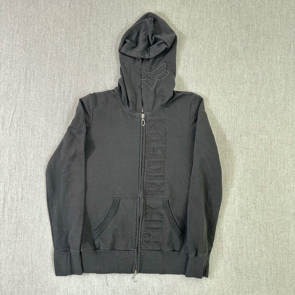 Fox Racing Hoodie Women's Small Black Full Zip Sweatshirt Logo Rider Design Y2K - Picture 1 of 9